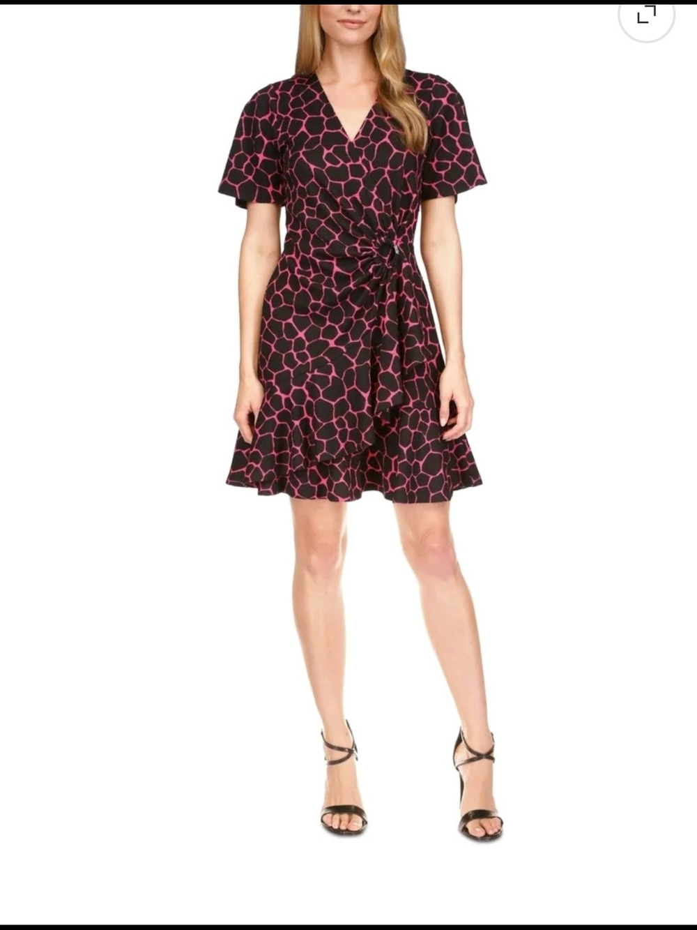 Pink & Black Floral Wrap Dress - Women's V-Neck Short Sleeve